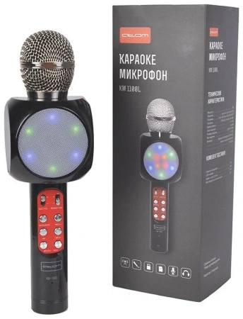 Караоке-микрофон Atom KM-1100L, 3Вт, АКБ 1800мА/ч, BT (до10м), USB,AUX, беспр.микроф.